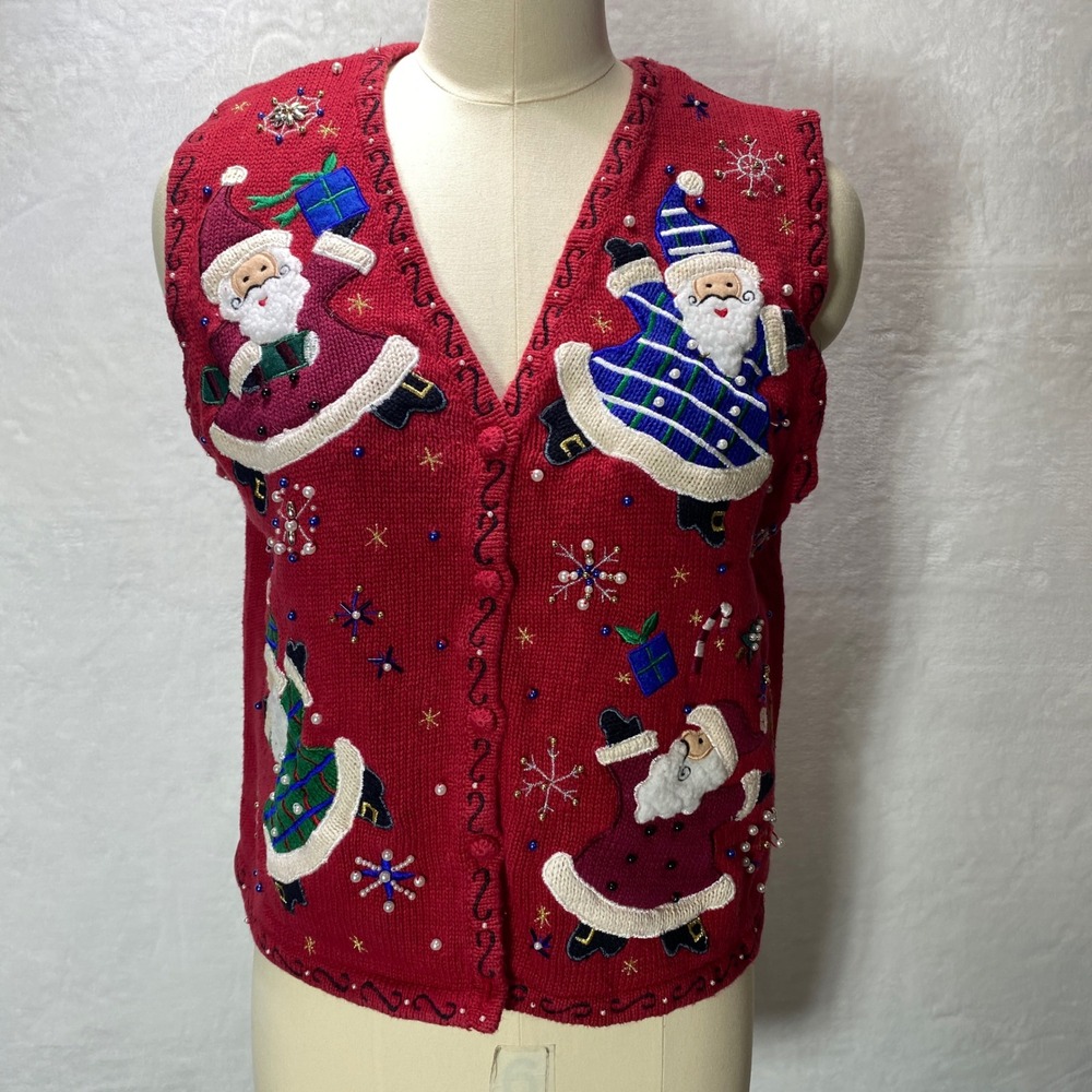 Designers Studio Originals Red Santa Christmas Vest Women's Holiday Sweater Knit
